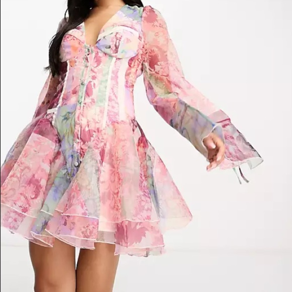 ASOS LUXE Curve cupped organza mini dress in floral scarf print